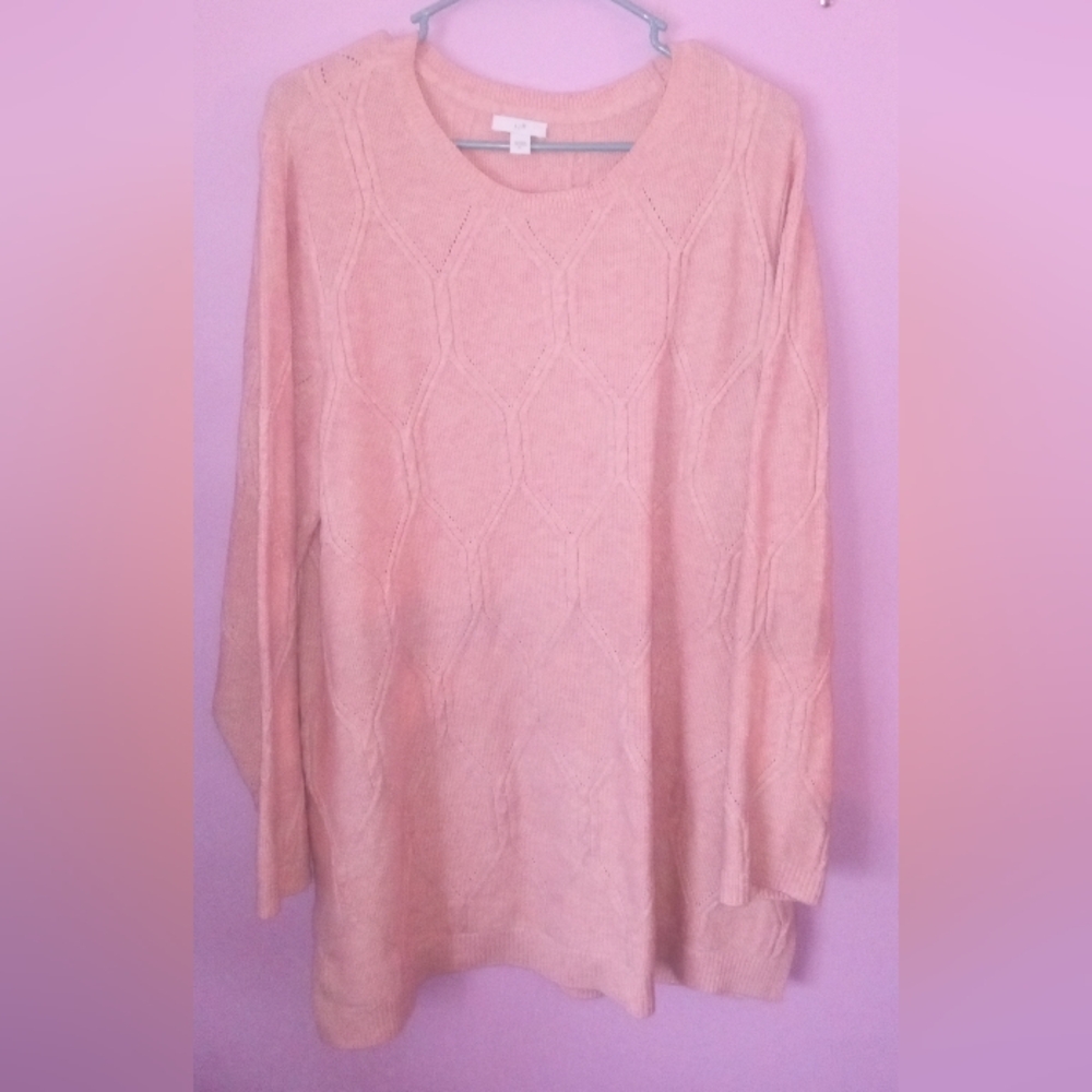 J Jill Sweater Tunic Crew Neck Cotton Blend Soft Pink Cable Knit Size XLarge